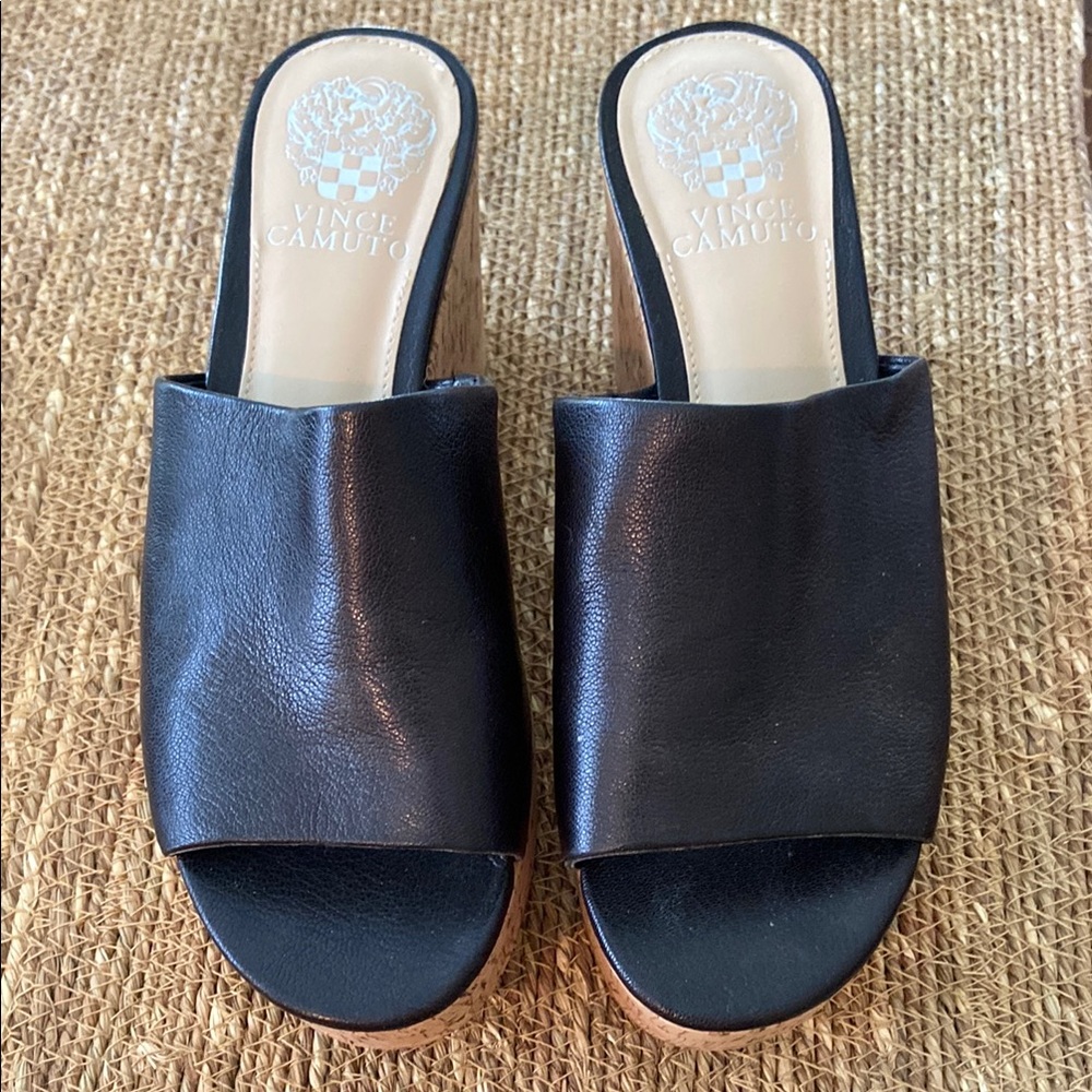 Vince Camuto Black Mules with Minimalist Design w/cork platform heels